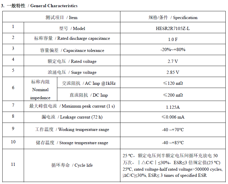 2.7V 1.0F圆柱超级电容器HESR2R7105Z-L一般特性