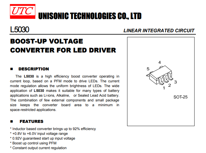 UTC友顺LED驱动升压转换器L5030