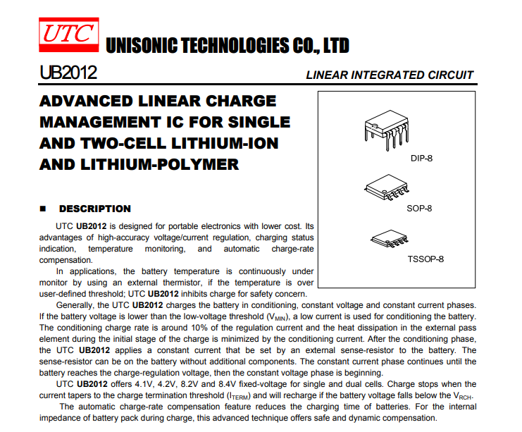 UTC锂电池充电ic芯片UB2012