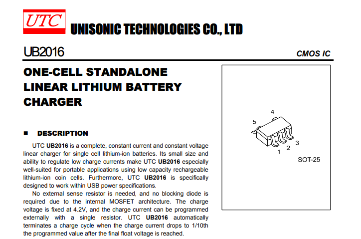 UTC锂电池充电ic芯片UB2016